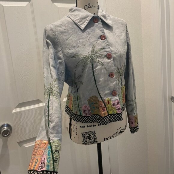 Y2K FUNKY JACKET MIAMI BEACH ART EMBROIDERED CITY DEMIN BLUE COLORS SZ XS RETRO - Picture 5 of 16